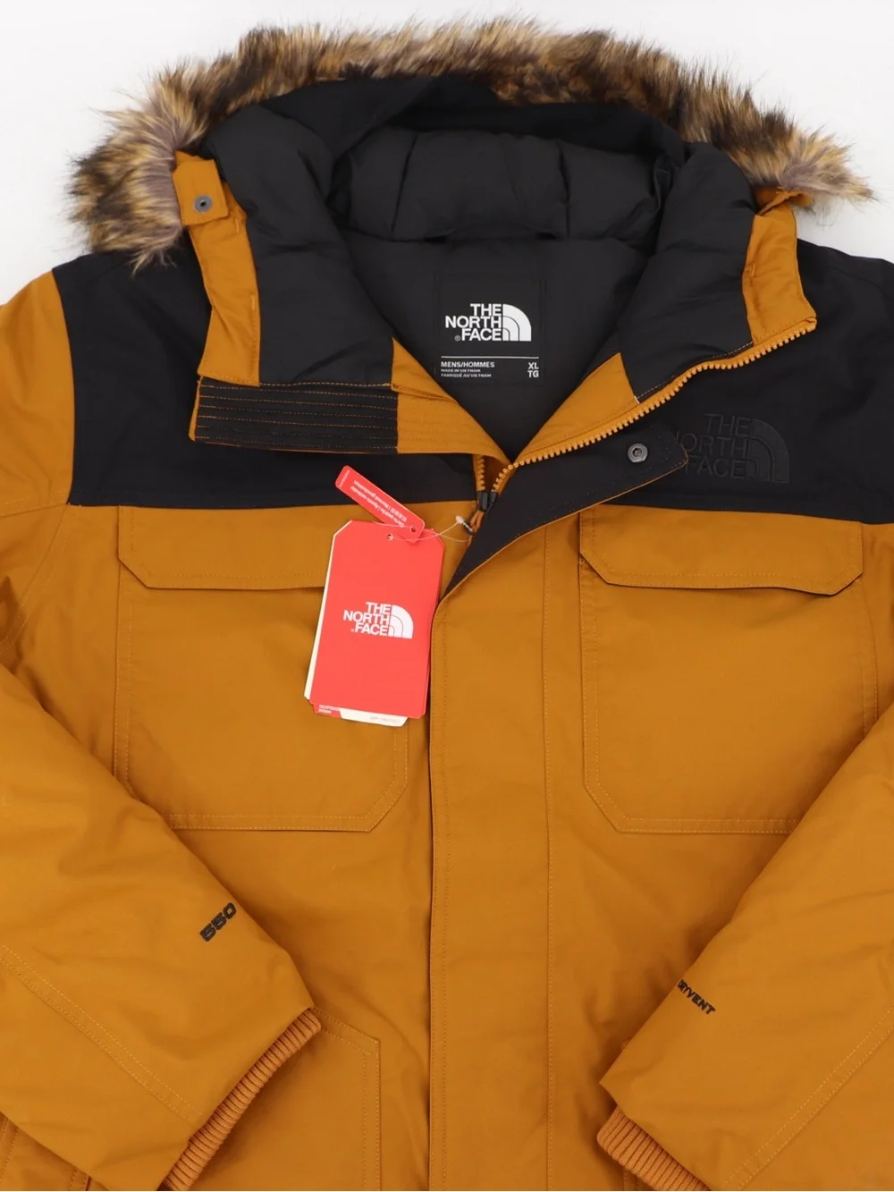 Brand New The North Face Men’s Gotham XL Hooded Down Jacket Timber Tan Black